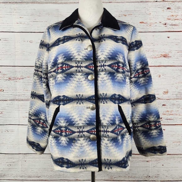 Pendleton Jackets & Blazers - PENDLETON Vintage Wool Jacket XL, Blue Aztec Print, Suede Trim,  USA Wool